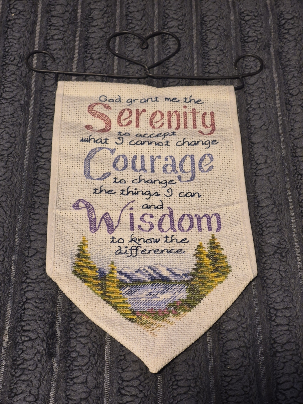 Vintage Handmade Fully Embroidered Serenity Prayer Wall Hanging Banner Heart